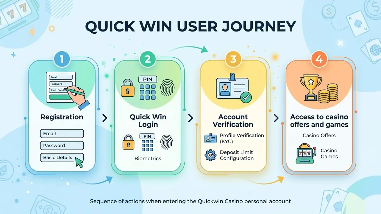 Four-step Quickwin Casino login journey: registration, login, verification, games and offers