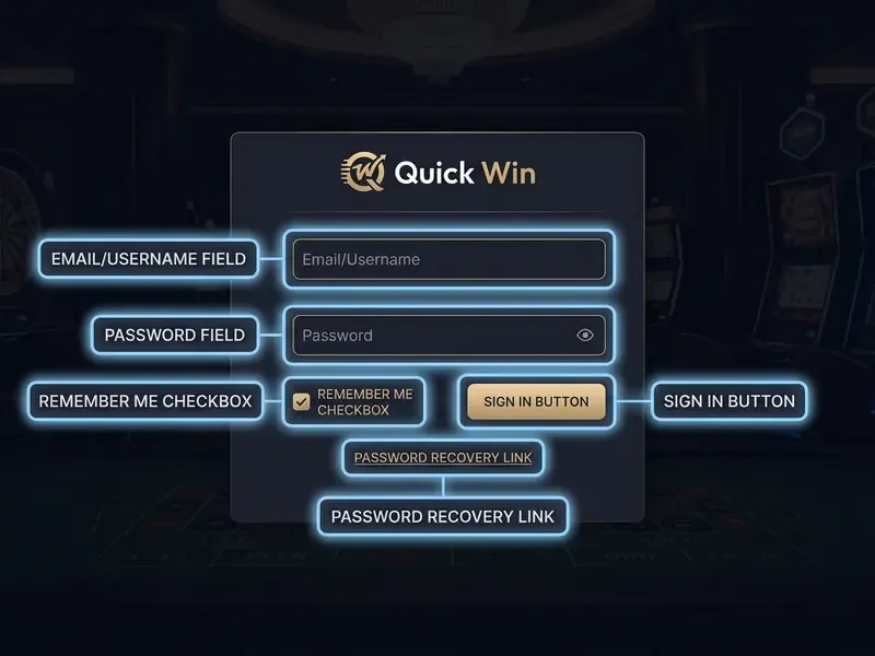 Quickwin Casino login form with email, password, remember me checkbox and recovery link highlighted